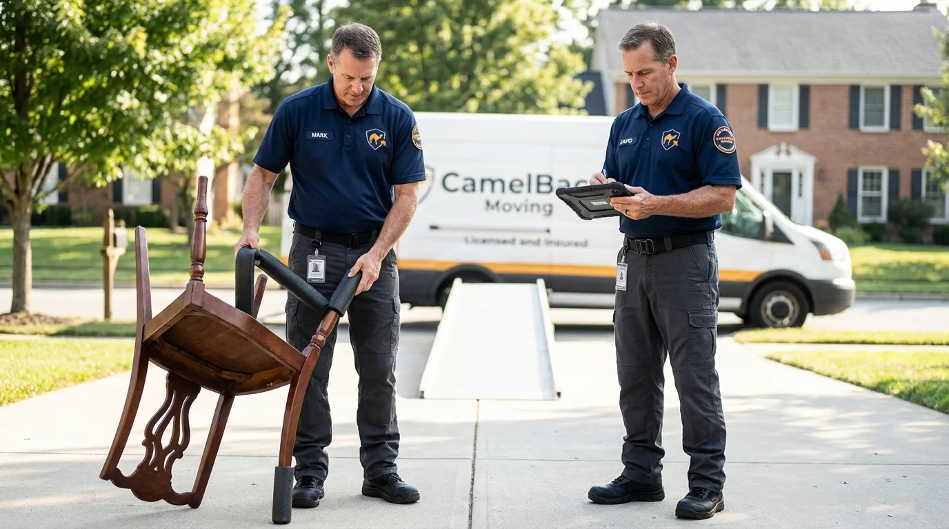 Movers inspecting furniture for damage prevention before loading in Dennison, OH